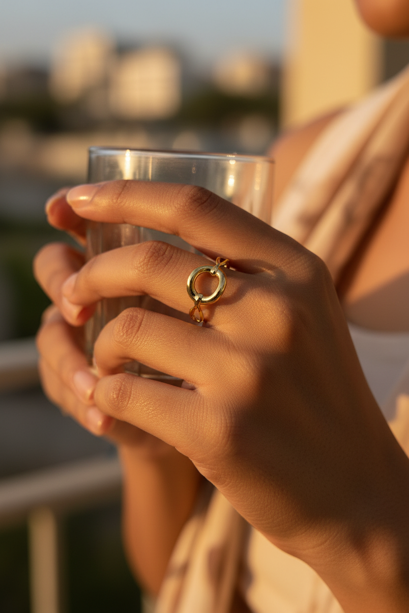 Chain Link Statement Ring — on finger, golden hour