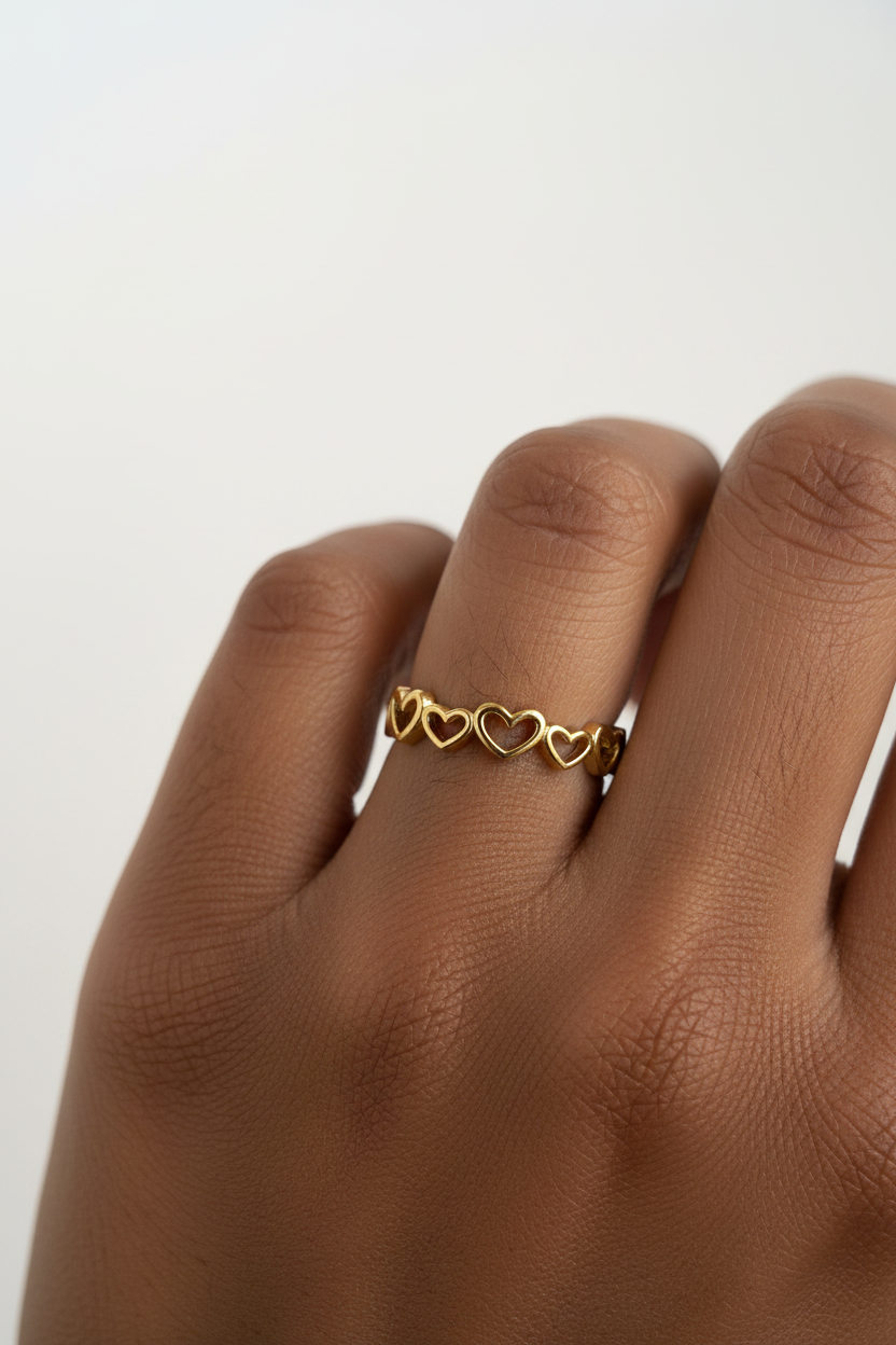 Gold Open Heart Eternity Band Ring — on finger editorial