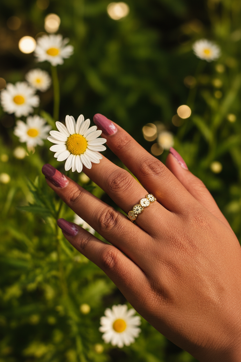 Daisy Eternity Ring — on finger, golden hour garden