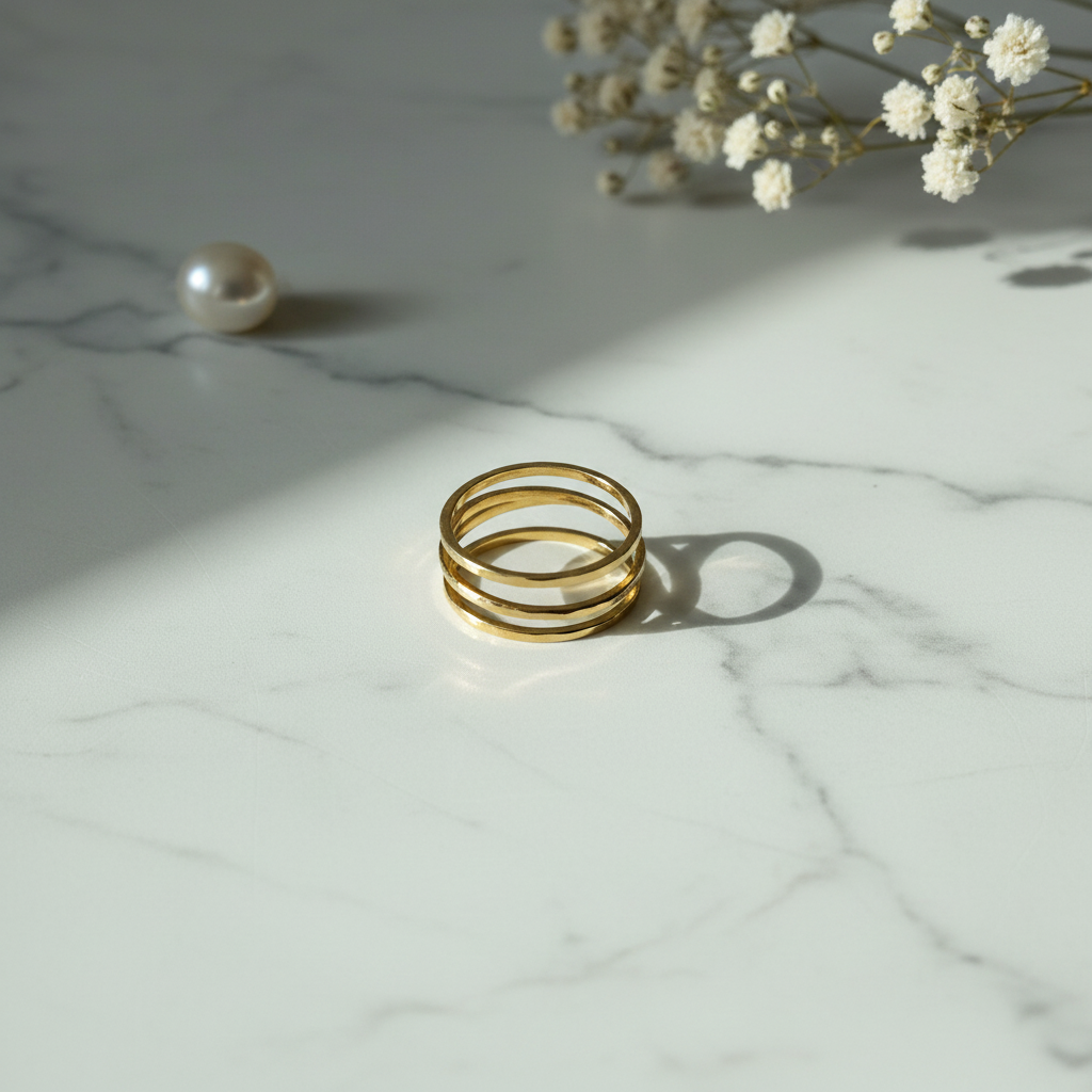 Gold Hammered Plain Band Ring Stack Set — marble flat lay