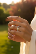 Pavé & Wave Double Band Ring Silver — on finger, golden hour