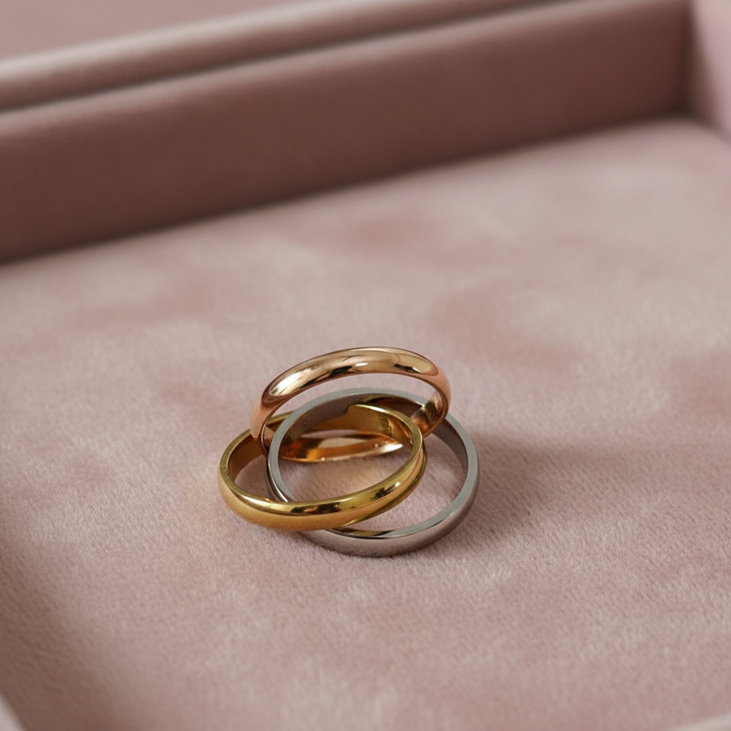 Tri-Tone Trinity Ring — rose velvet background