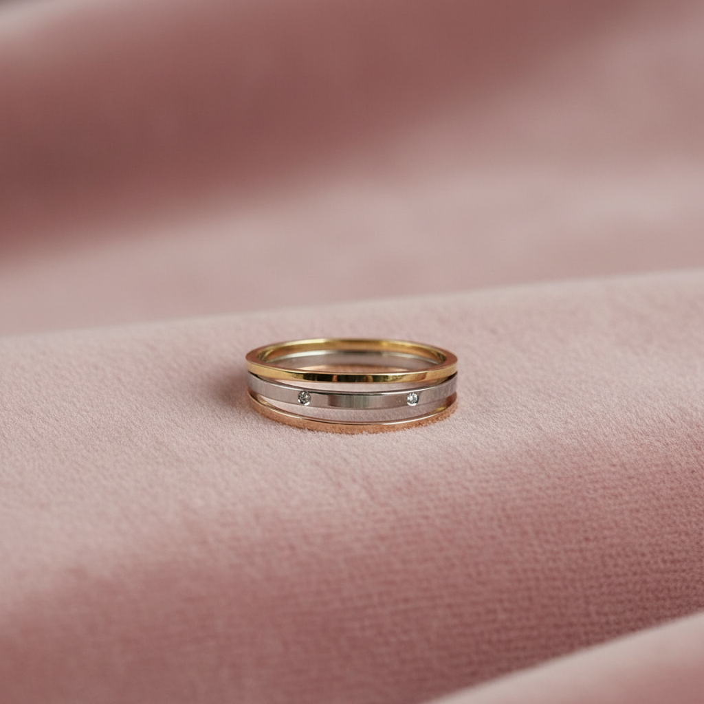 Tri-Tone Solitaire Triple Band Ring — rose velvet background