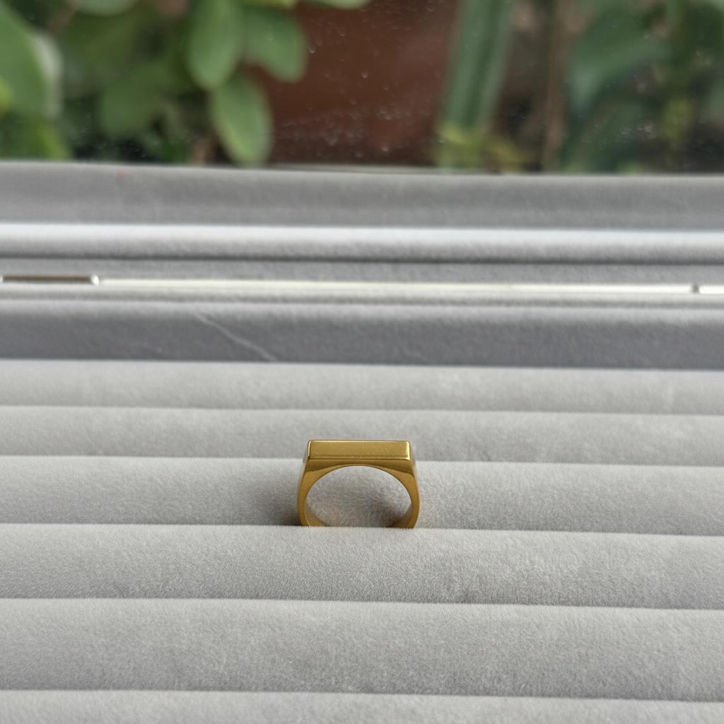 Gold Square Signet Ring — rose velvet background