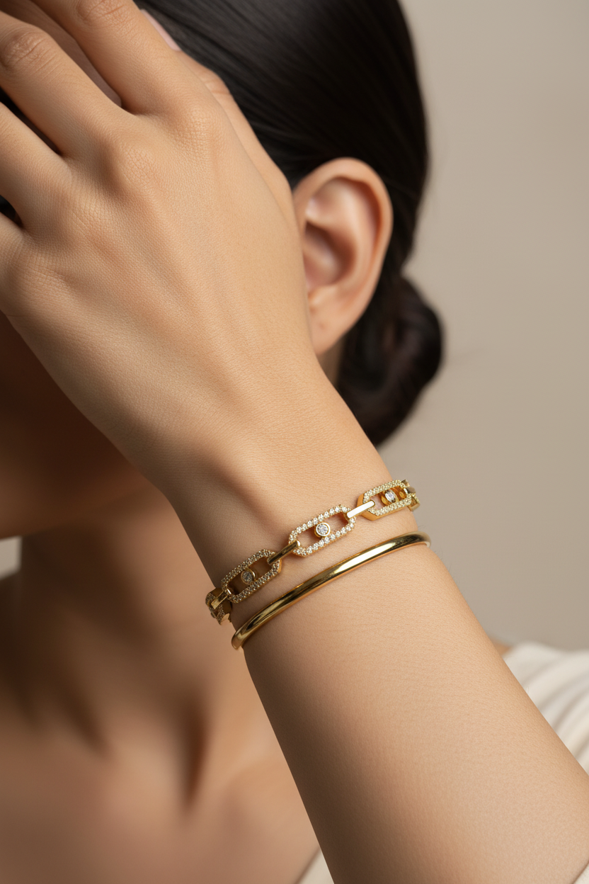 Pavé Chain Link Bangle — on wrist, neutral background