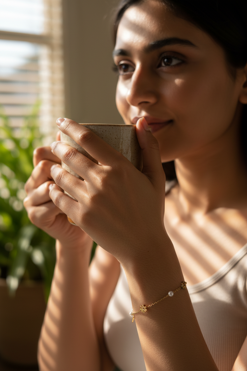 Gold daisy flower and pearl bracelet worn while holding coffee mug