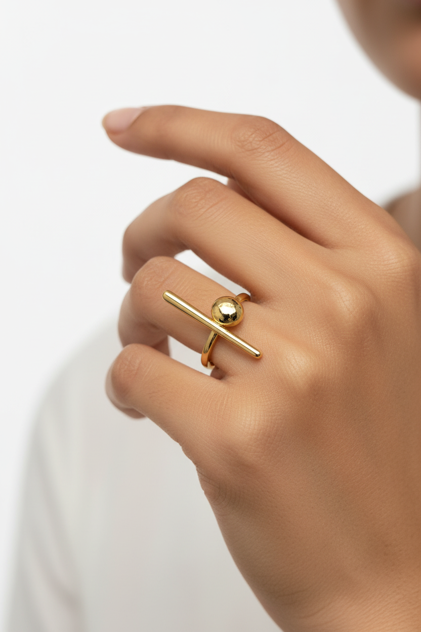 Gold Dome Bar Ring — on finger, studio
