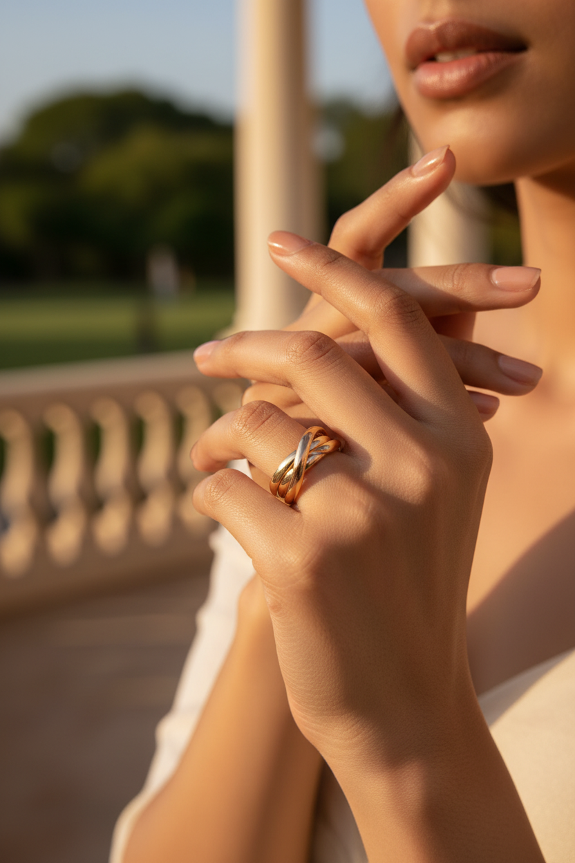 Tri-Tone Trinity Ring — on finger, golden hour