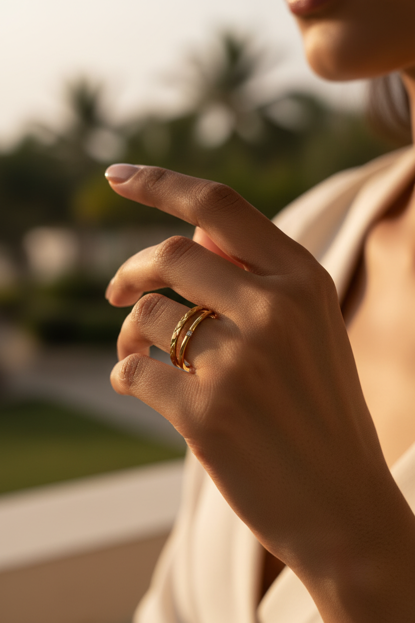 Diamond-Cut Solitaire Double Band Ring — on finger, golden hour