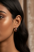 Rose Gold Huggie Hoops with Garnet CZ Stones — on Indian ear editorial