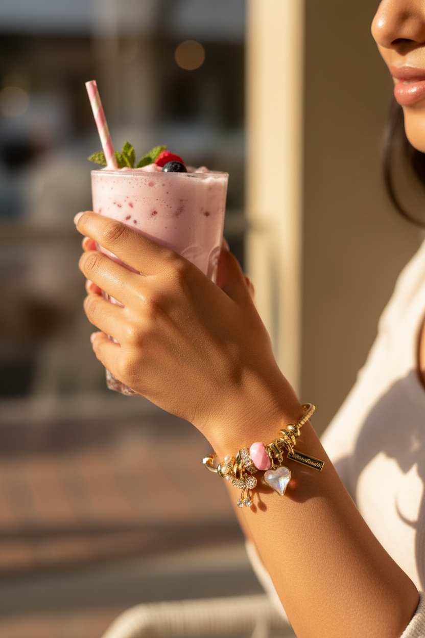 Gold twisted cable charm bangle worn while holding pink iced drink