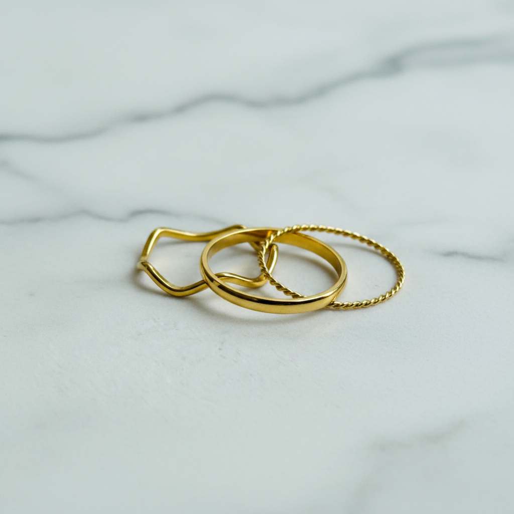 Minimalist Gold Ring Stack Set — marble flat lay