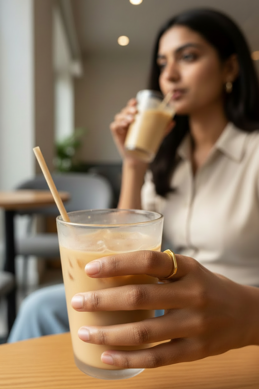 Indian Gen Z woman holding iced coffee while wearing one gold square-loop ring
