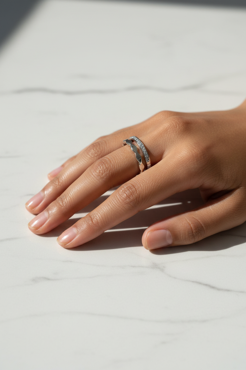 Pavé & Wave Double Band Ring Silver — on finger, marble daylight