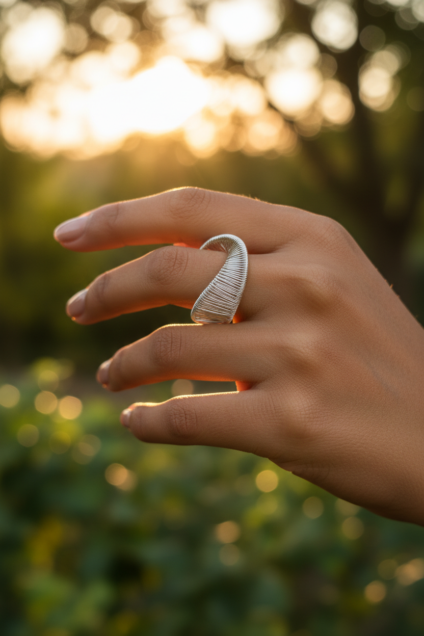 Wire Wrap Open Ring — on finger, golden hour