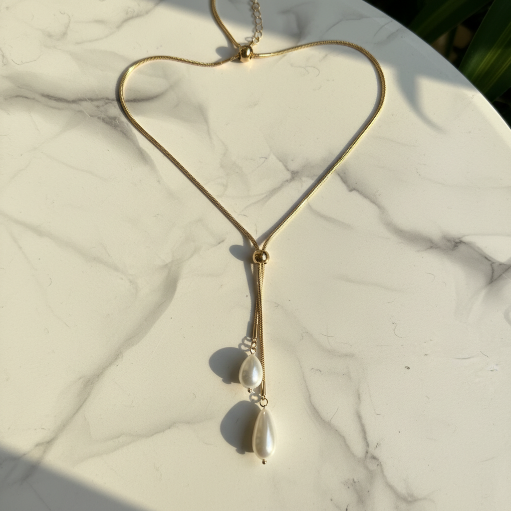 Gold snake chain lariat necklace with pearl drops on white marble