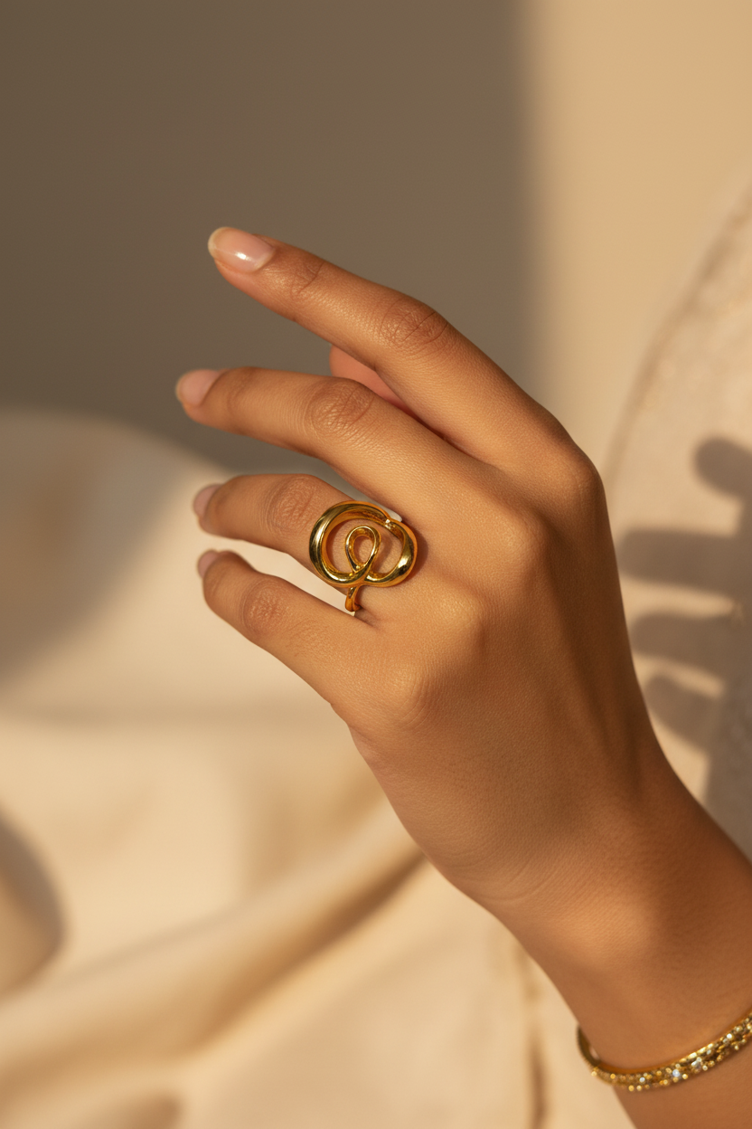 Sculptural Open Heart Ring — on finger, warm light