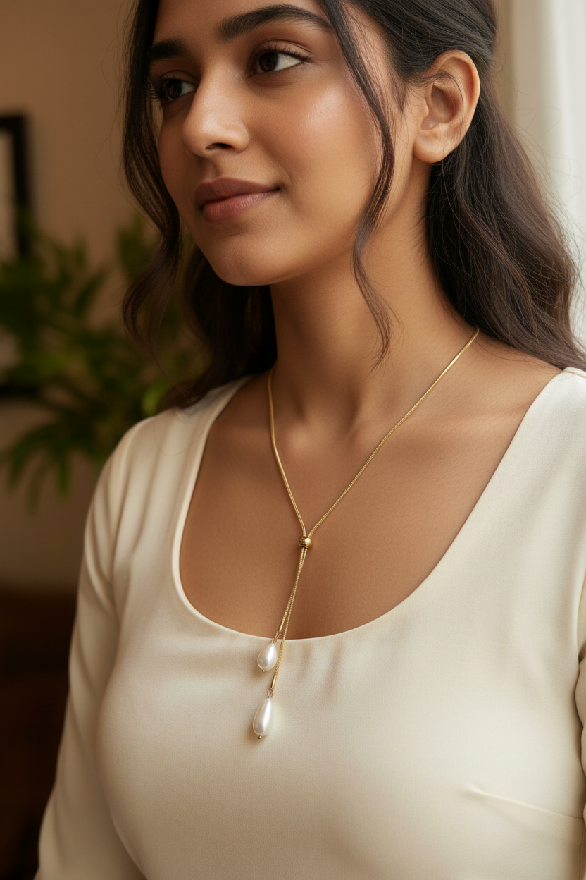 Gold lariat necklace with pearl drops worn by young Indian woman