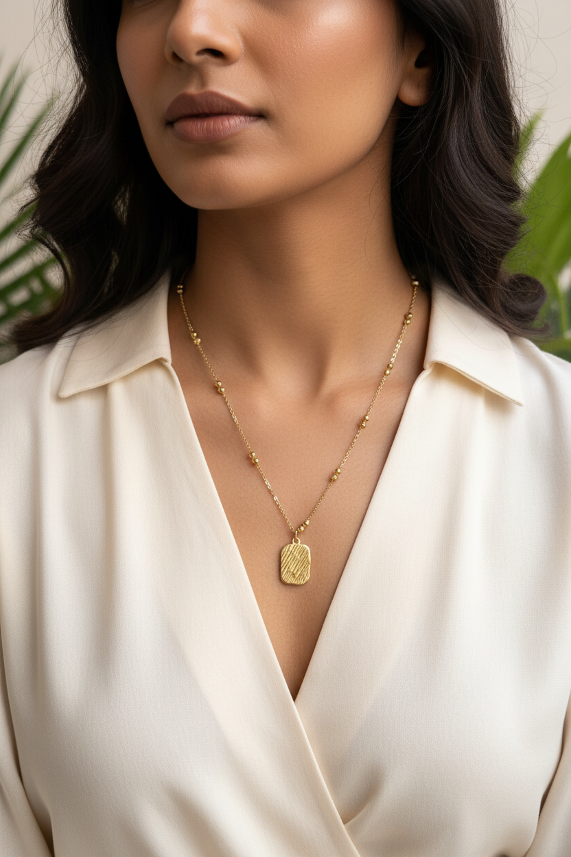 Gold satellite chain necklace worn by Indian woman