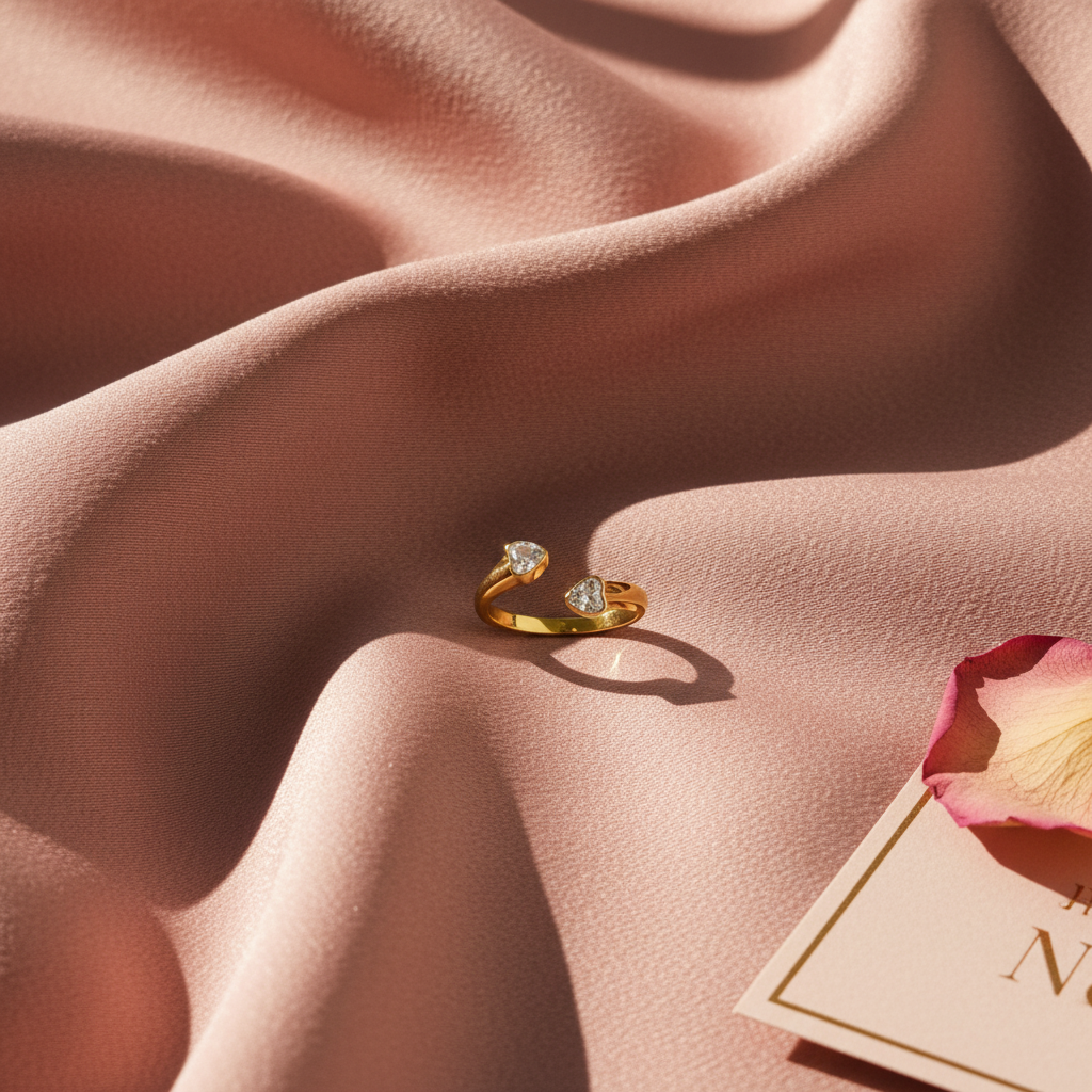 Gold Double Heart Toi et Moi Ring — silk flat lay
