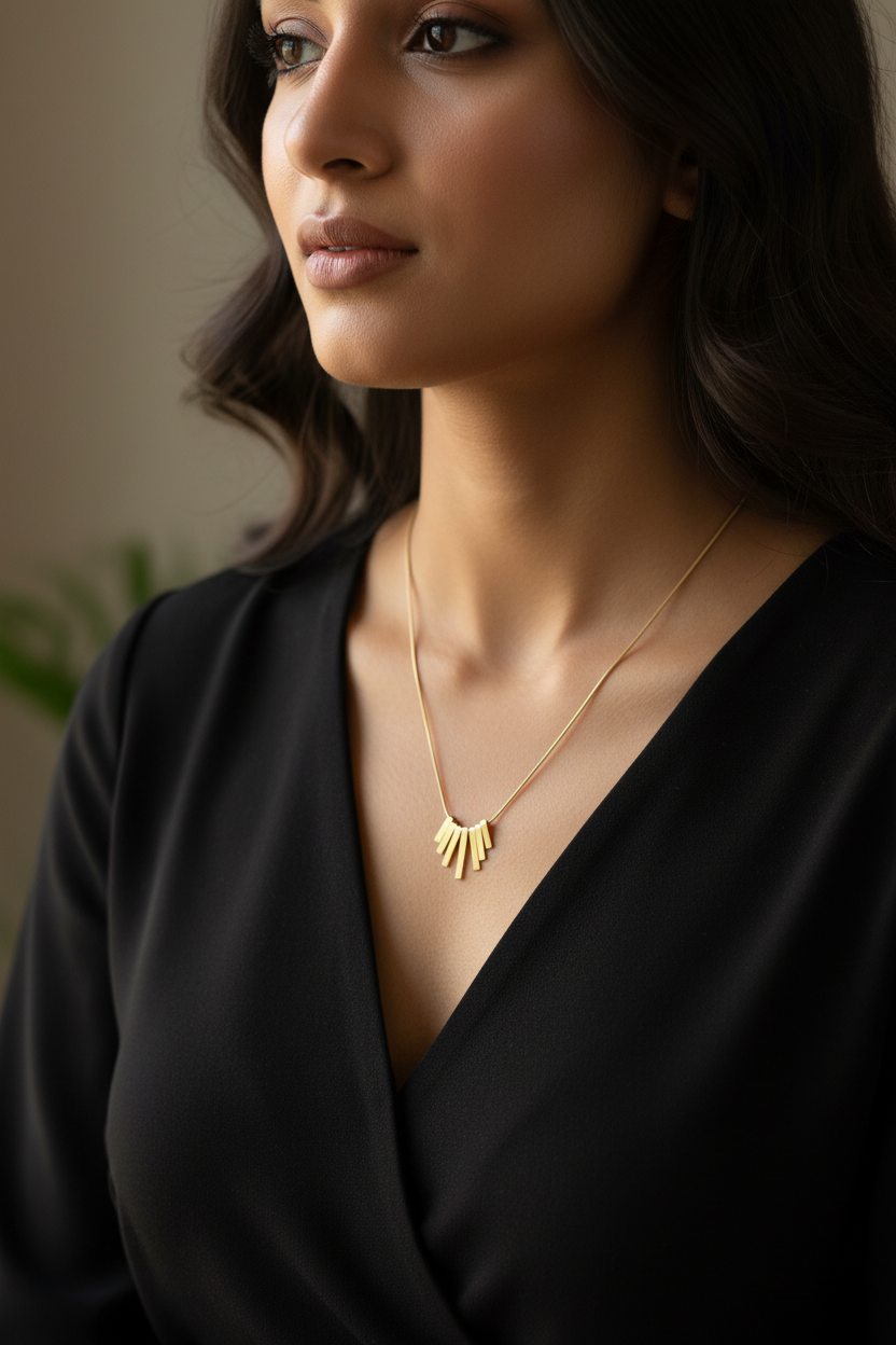 Gold fan bar pendant necklace worn by Indian woman