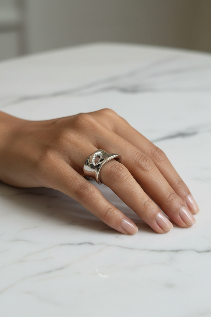 Dome Pavé Sculptural Ring — on finger, marble