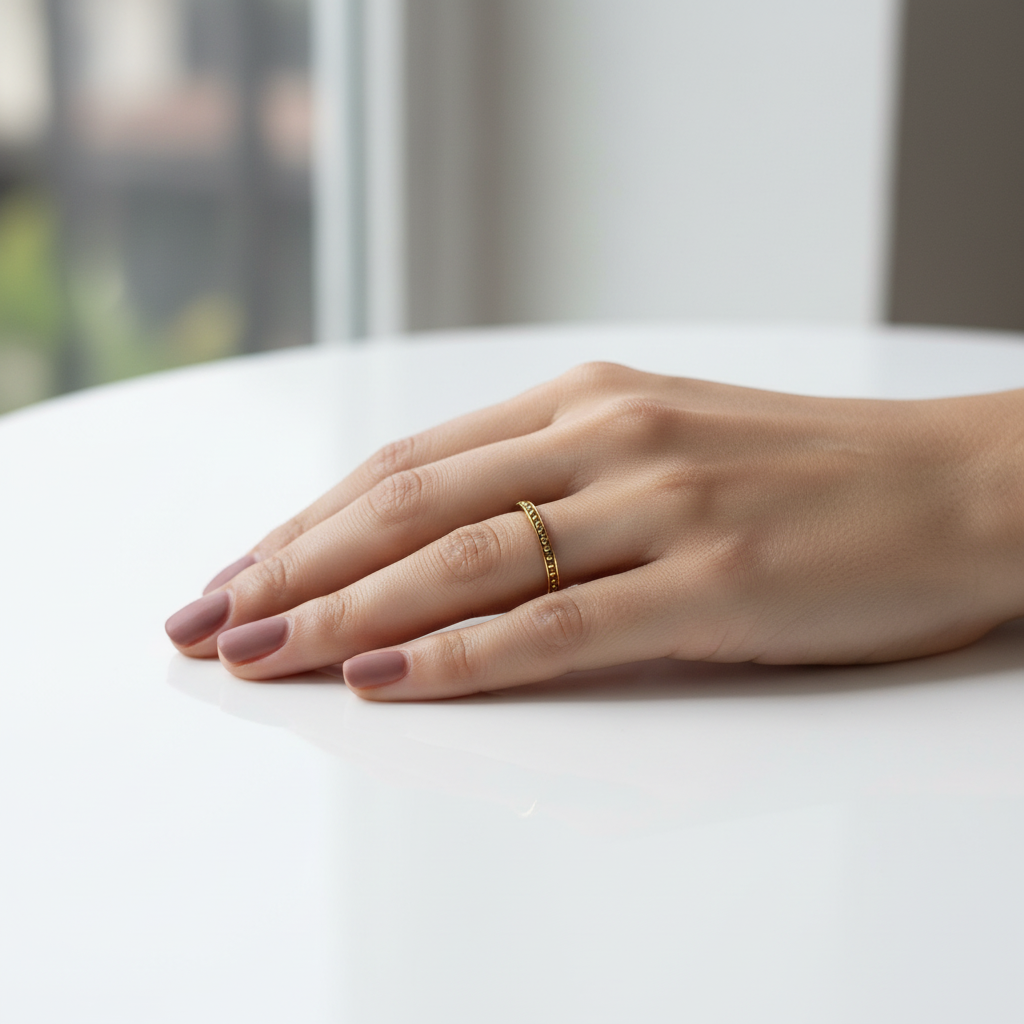 Gold Beaded Eternity Band Ring — on finger editorial