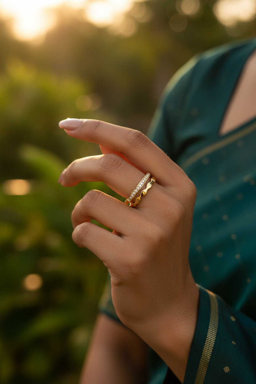 Pavé & Wave Double Band Ring — on finger, golden hour