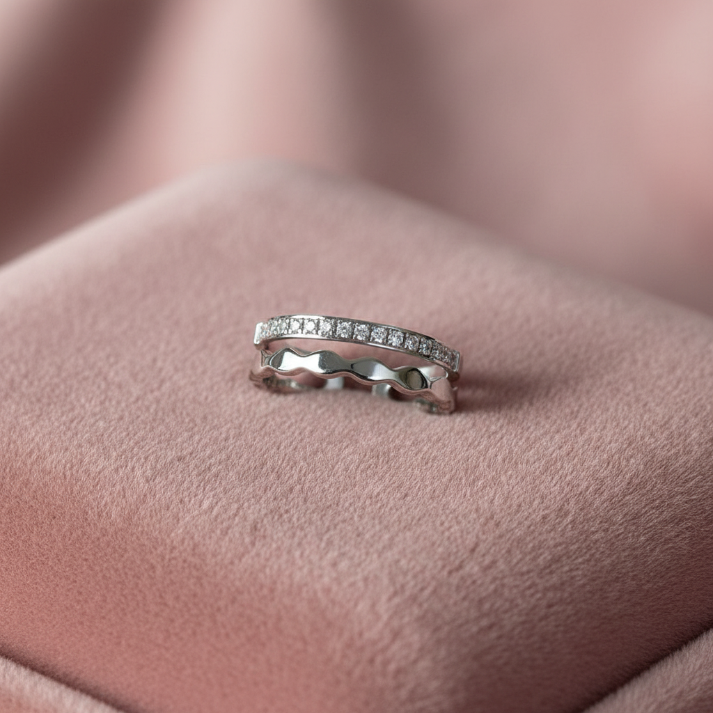 Pavé & Wave Double Band Ring Silver — rose velvet background
