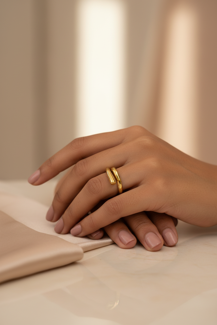 Gold Wrap Ring — on finger, warm light