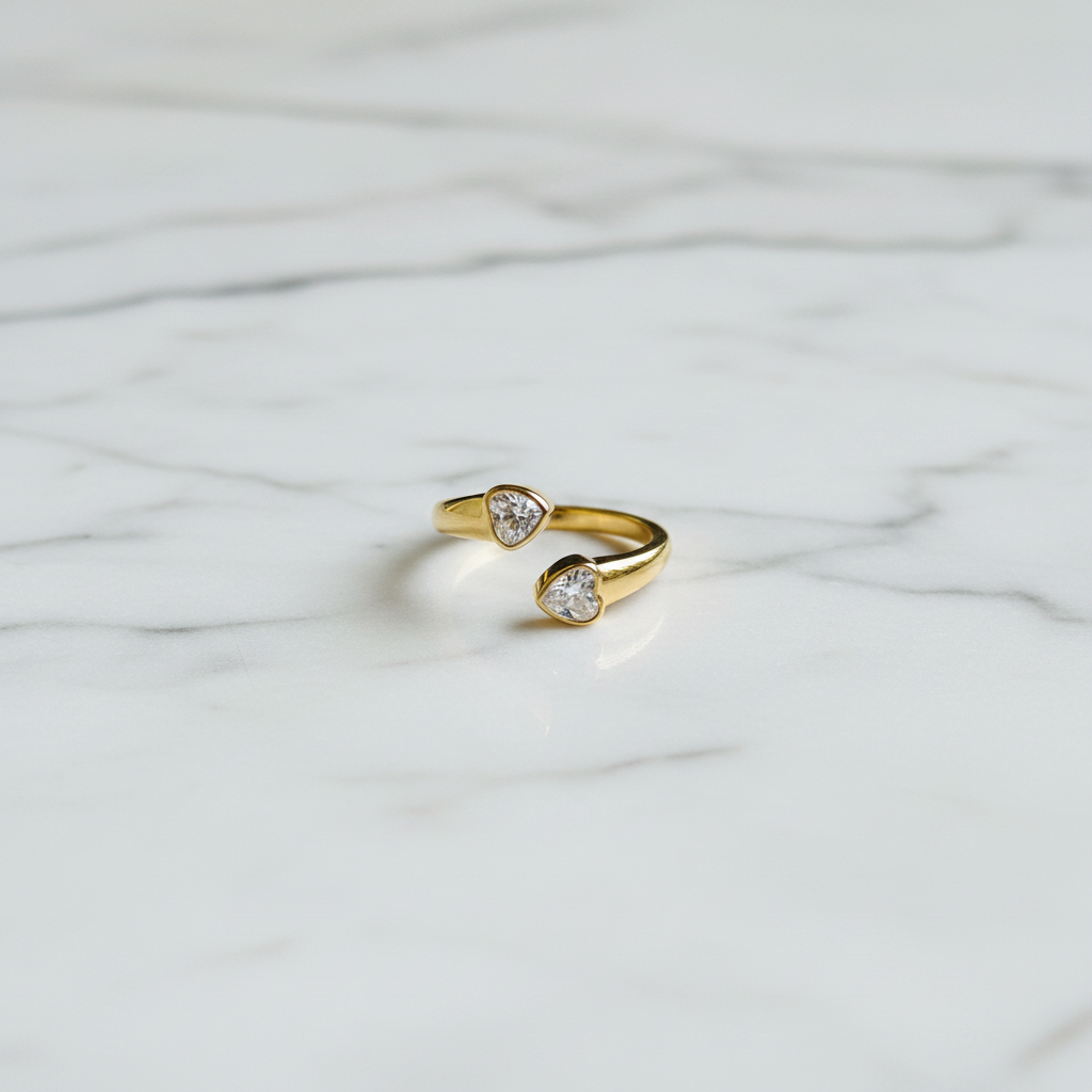 Gold Double Heart Toi et Moi Ring — marble flat lay