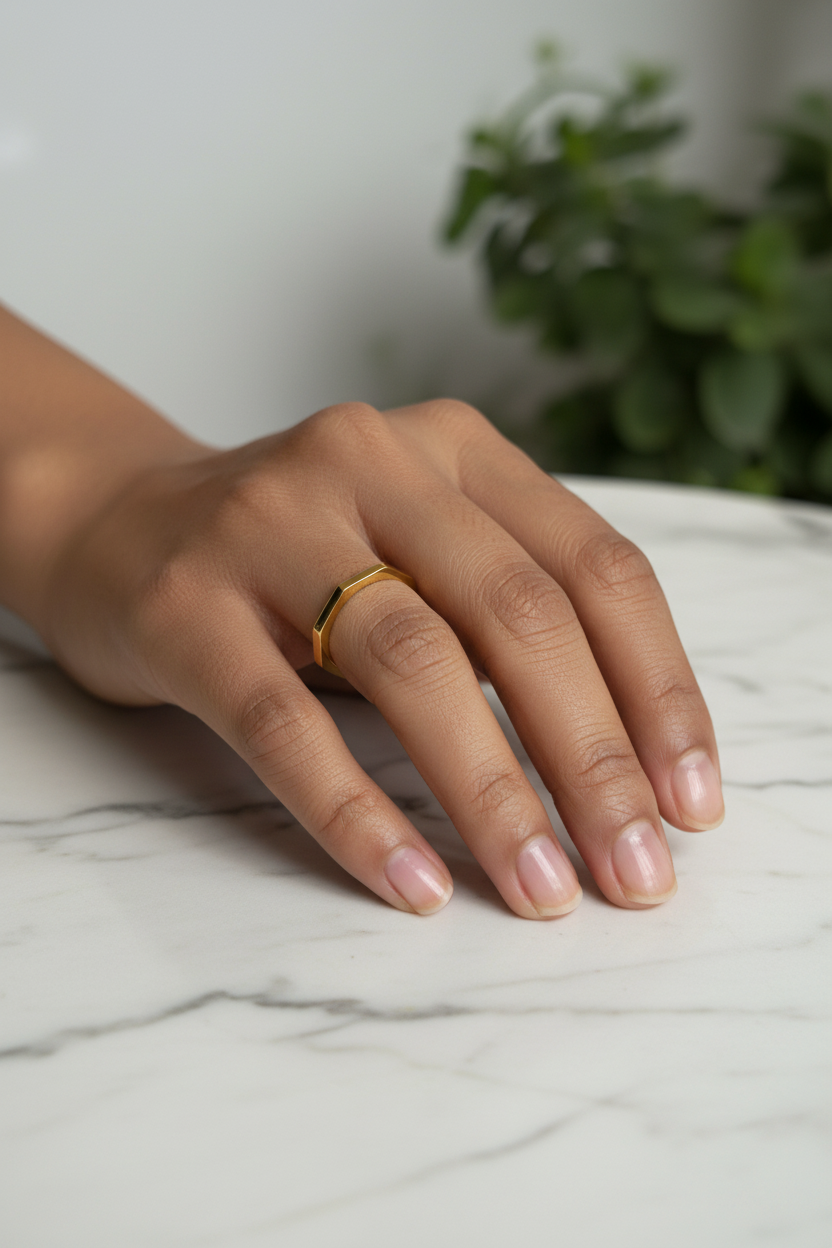 Geometric Faceted Ring — on finger, marble daylight