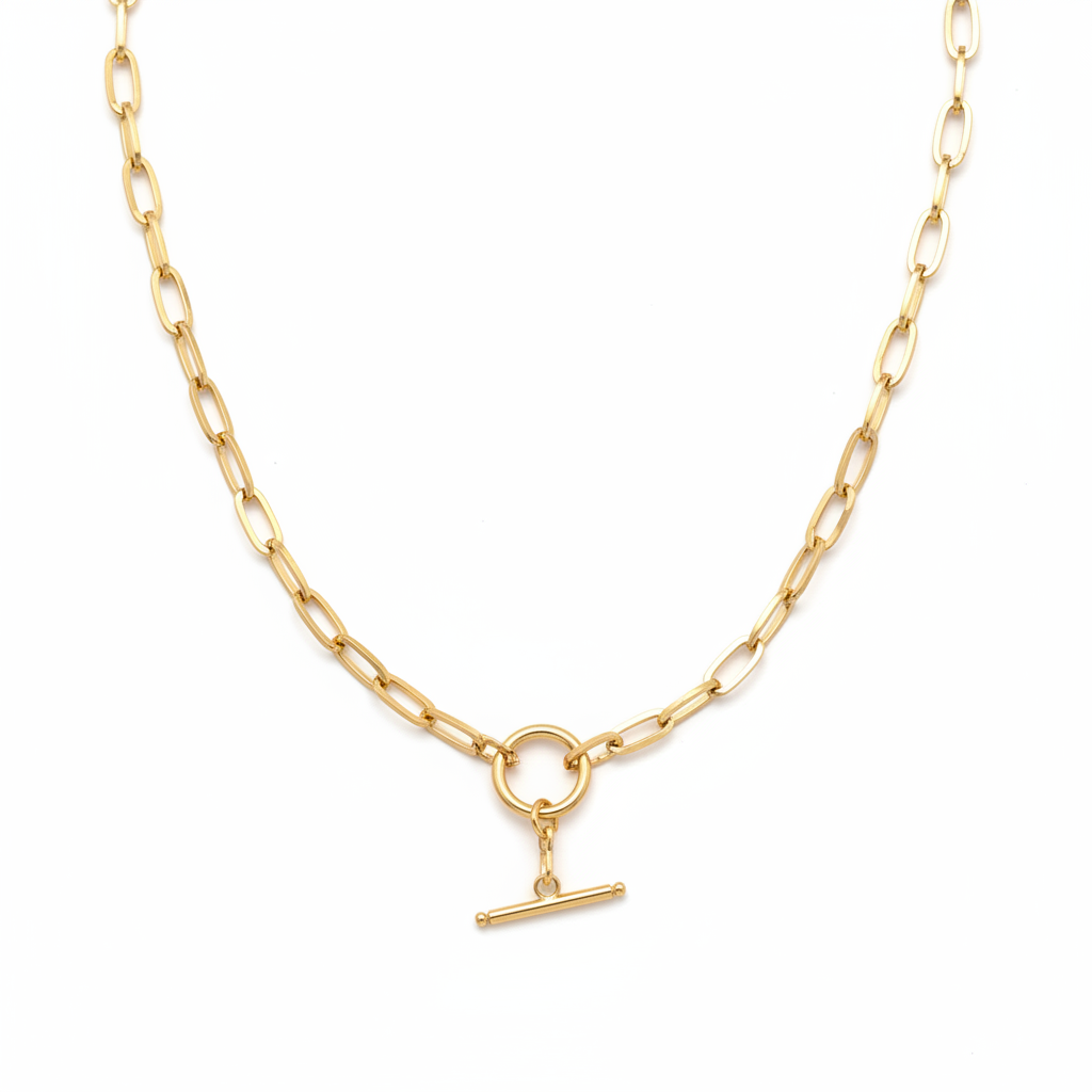Gold paperclip chain necklace with T-bar toggle on white background