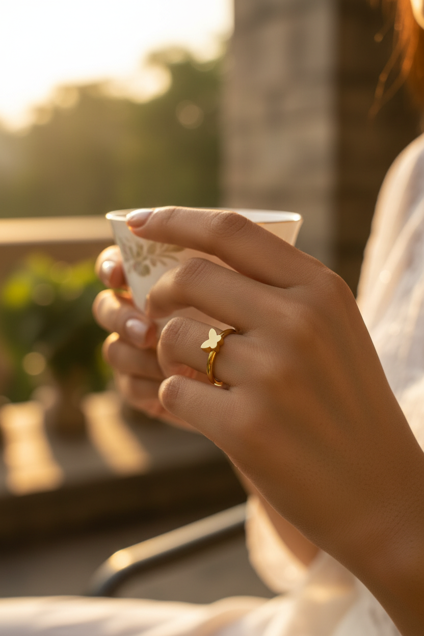 Gold Butterfly Ring — on finger, golden hour