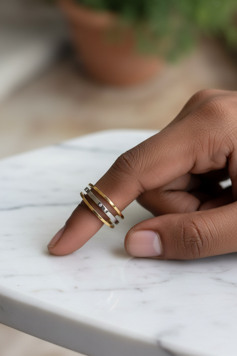 Tri-Tone Solitaire Triple Band Ring — on finger, marble