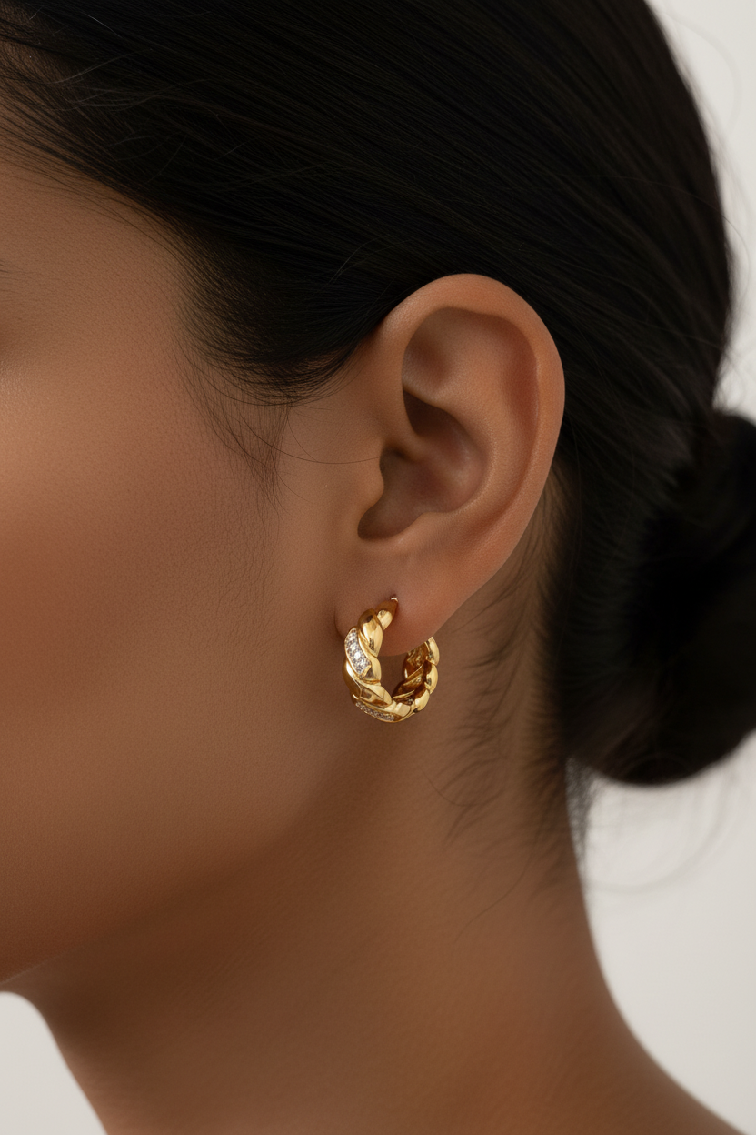 Gold Twisted Rope CZ Huggie Hoops — on Indian ear editorial