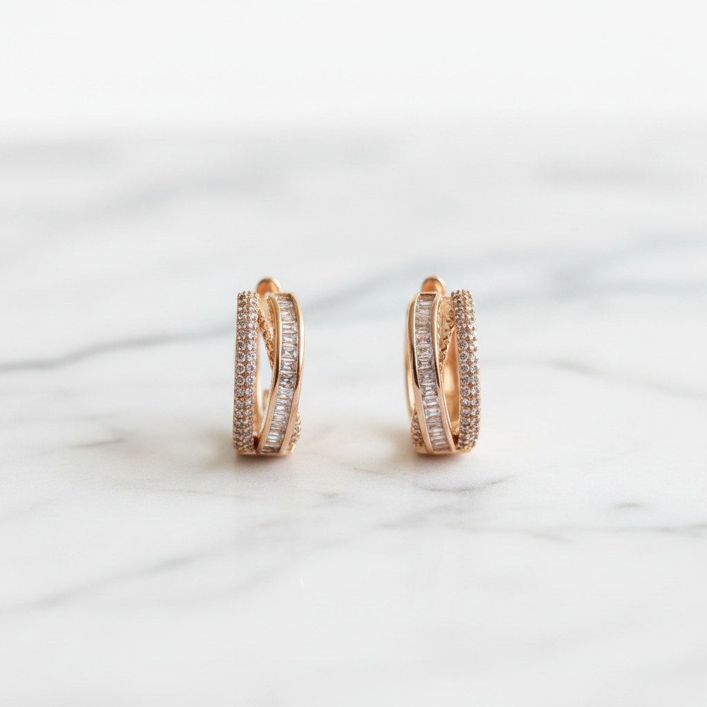 Rose Gold Triple-Rail Baguette CZ Huggie Hoops — marble flat lay