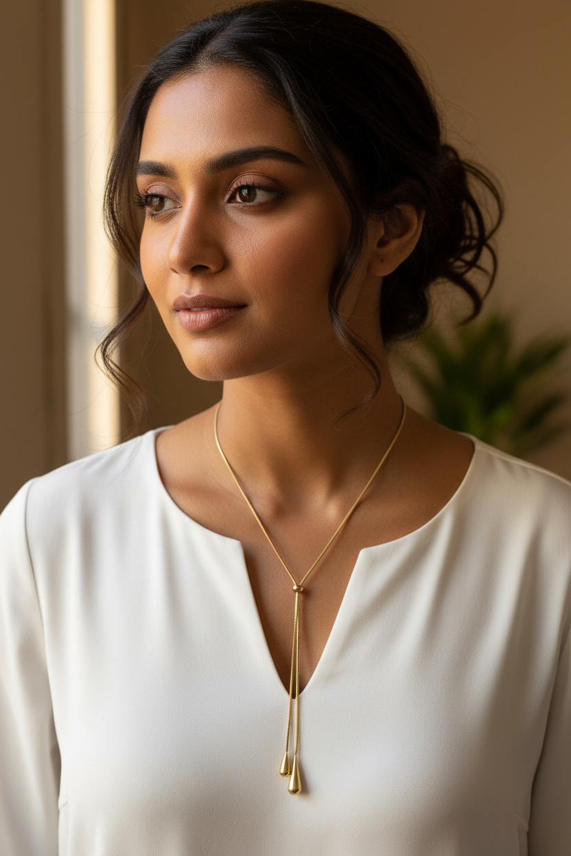 Gold lariat Y-necklace worn by South Indian woman in white top