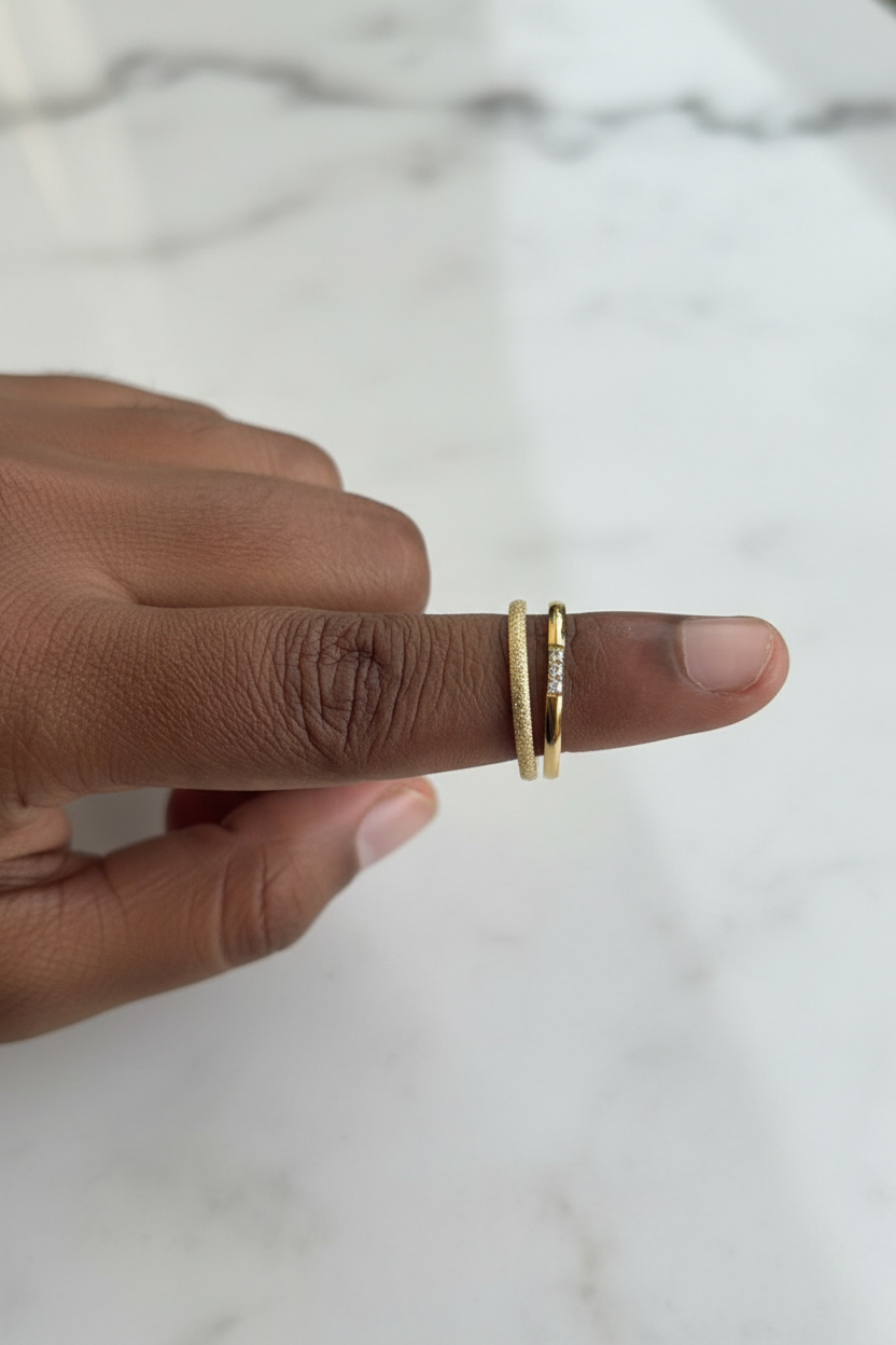 Stardust Pavé Double Band Ring — on finger, marble