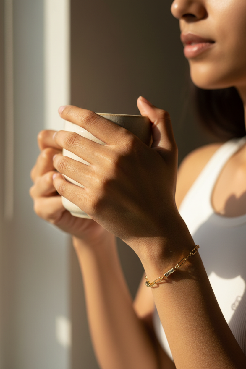 Gold paperclip chain bracelet with baguette crystals worn while holding coffee mug
