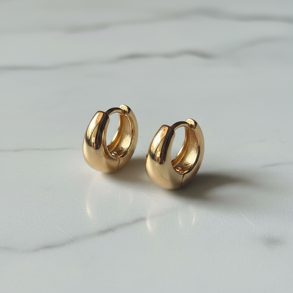 Gold Mini Dome Huggie Hoops — marble flat lay