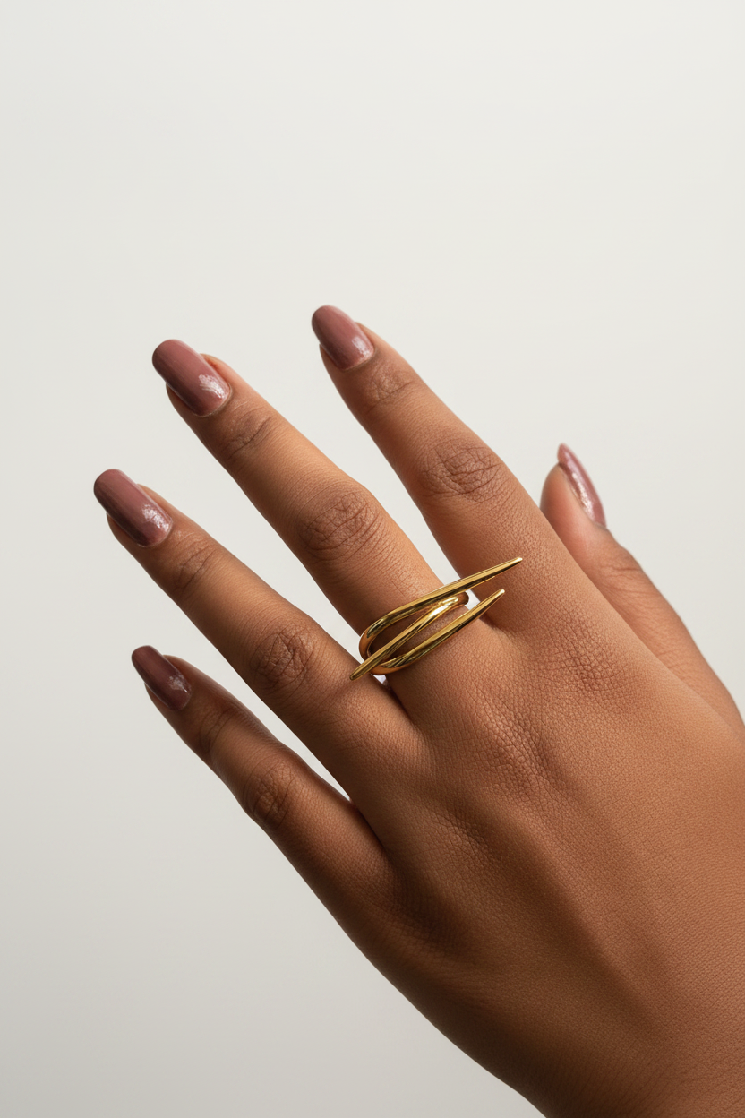 Textured Leaf Open Ring — on finger, studio