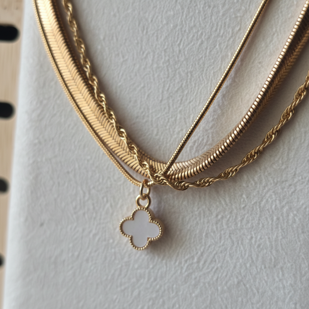 Closeup macro shot - gold clover charm necklace detail