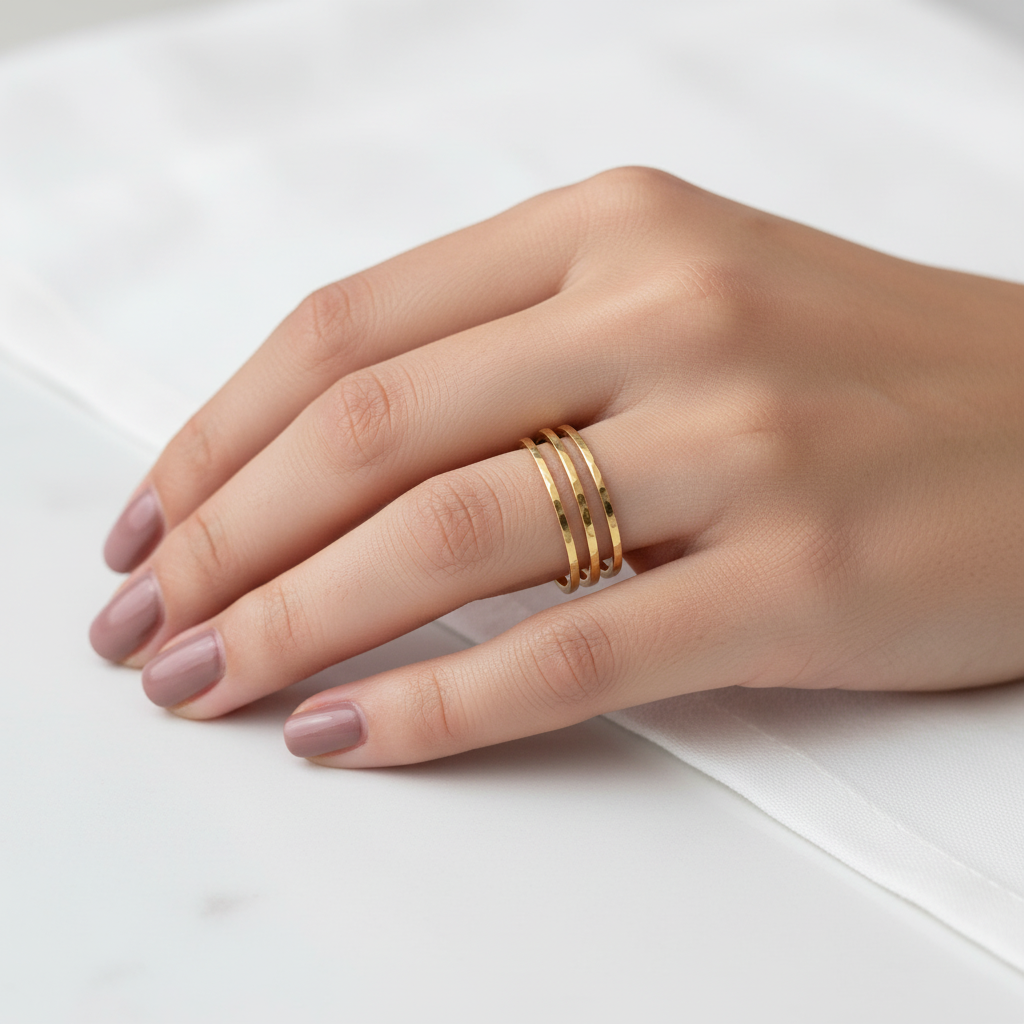 Gold Hammered Plain Band Ring Stack Set — on finger editorial