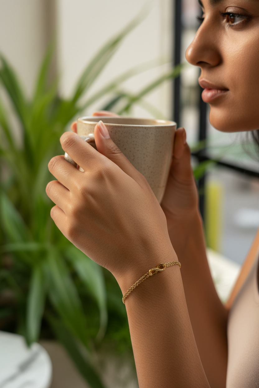 Gold infinity bracelet worn while holding coffee mug