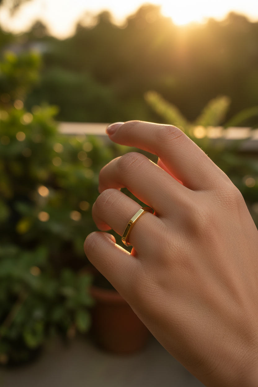 Geometric Faceted Ring — on finger, golden hour