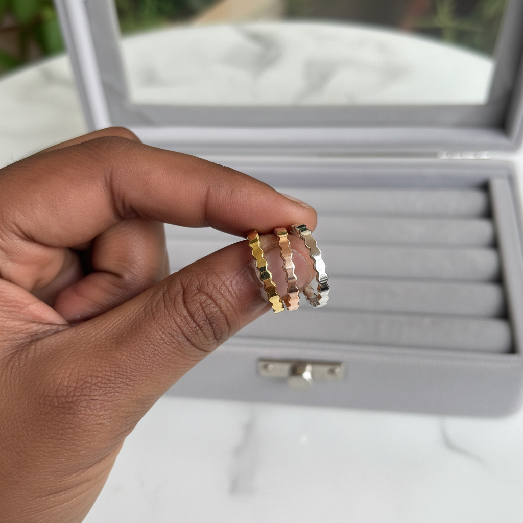 3-Tone Honeycomb Faceted Ring Stack Set — on finger white surface