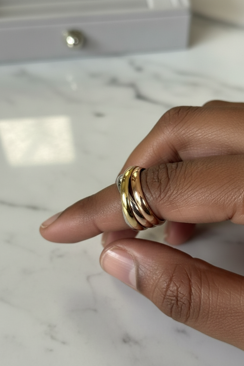 Tri-Tone Trinity Ring — on finger, marble