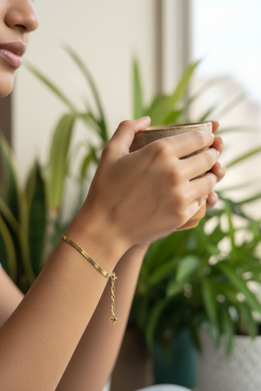 Gold herringbone flat chain bracelet worn while holding coffee mug