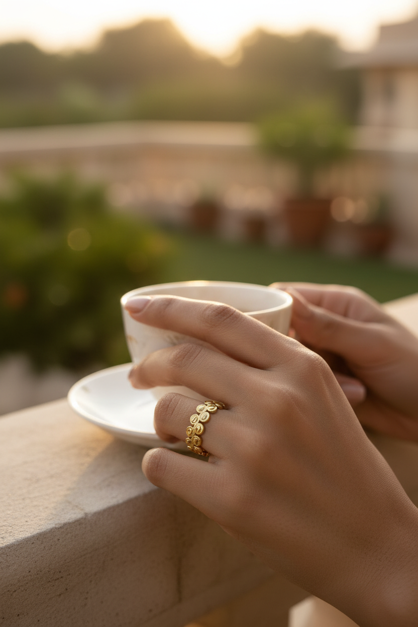 Double Bubble Coin Ring — on finger, golden hour